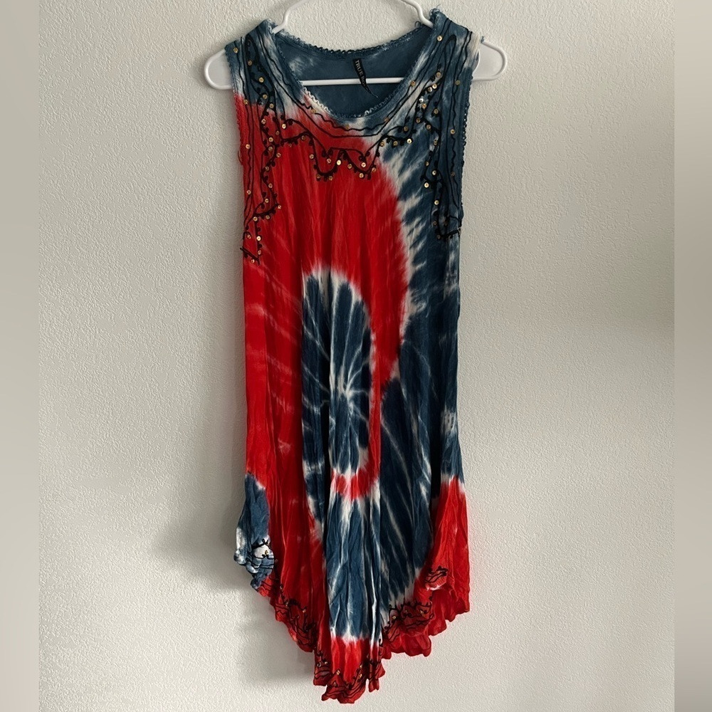 True Rock Boho Tie Dye Tank Dress Red White and Blue 4th of July